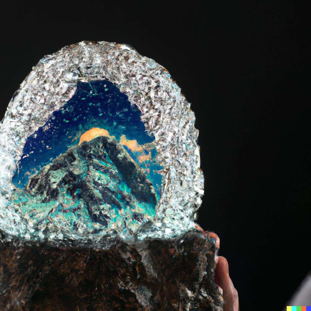 someone gazing at Mount Everest made out of a sparkling geode